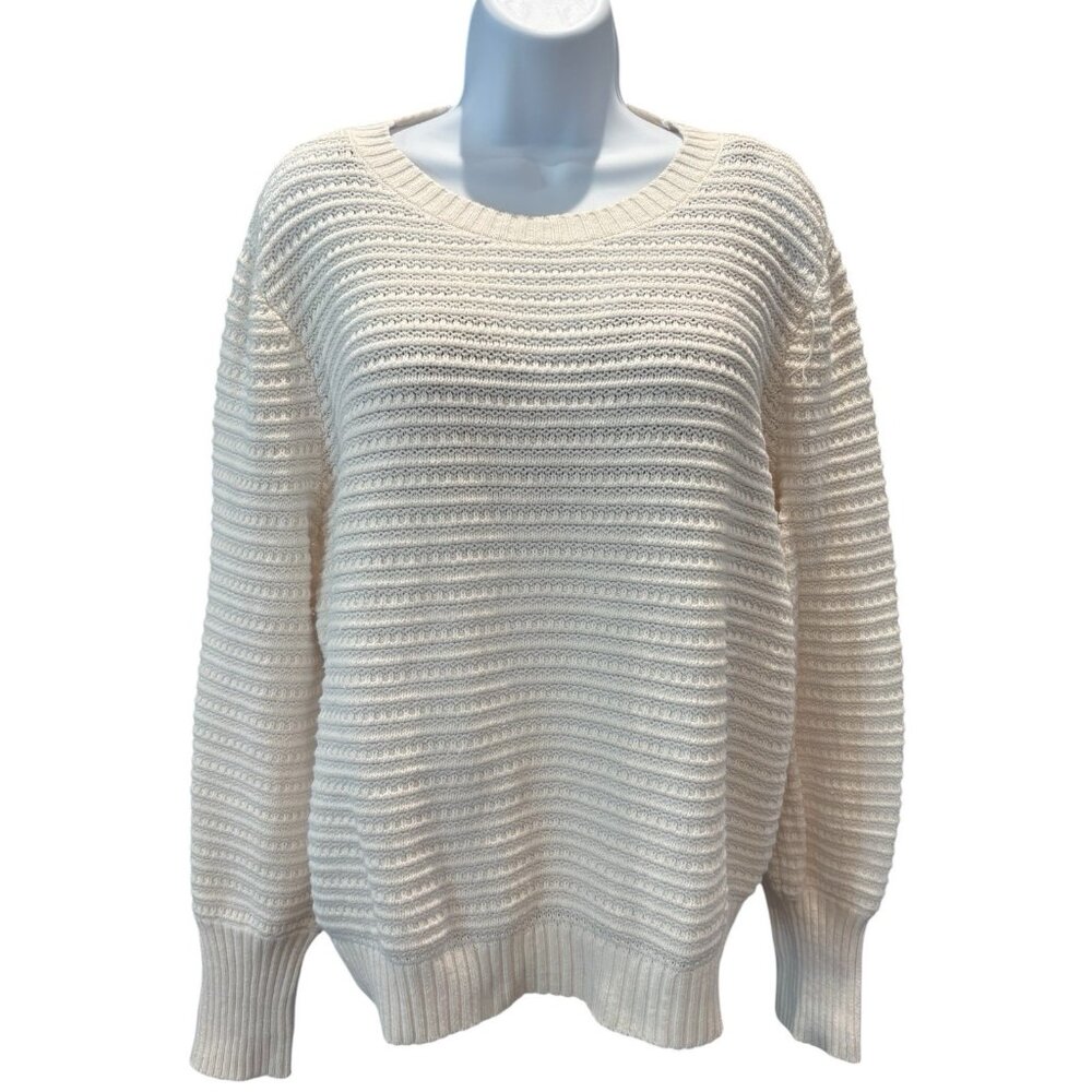 LOFT Cream Ribbed Knit Sweater | Size L | Soft Cotton Blend Pullover Neutral